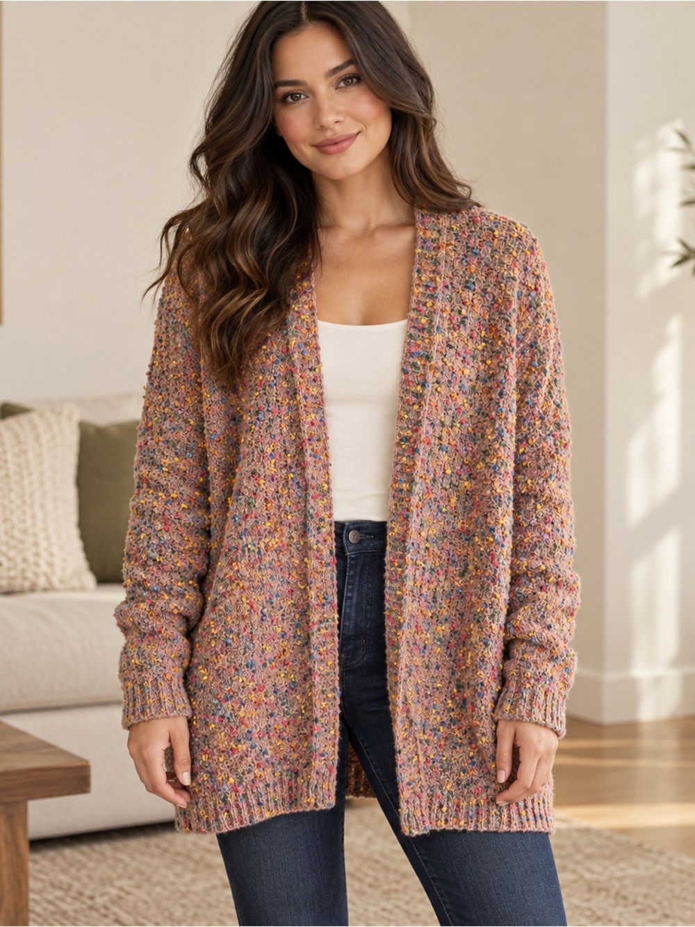 Adora S Confetti Boucle Open Cardigan Colorful Knit Cozy Boho